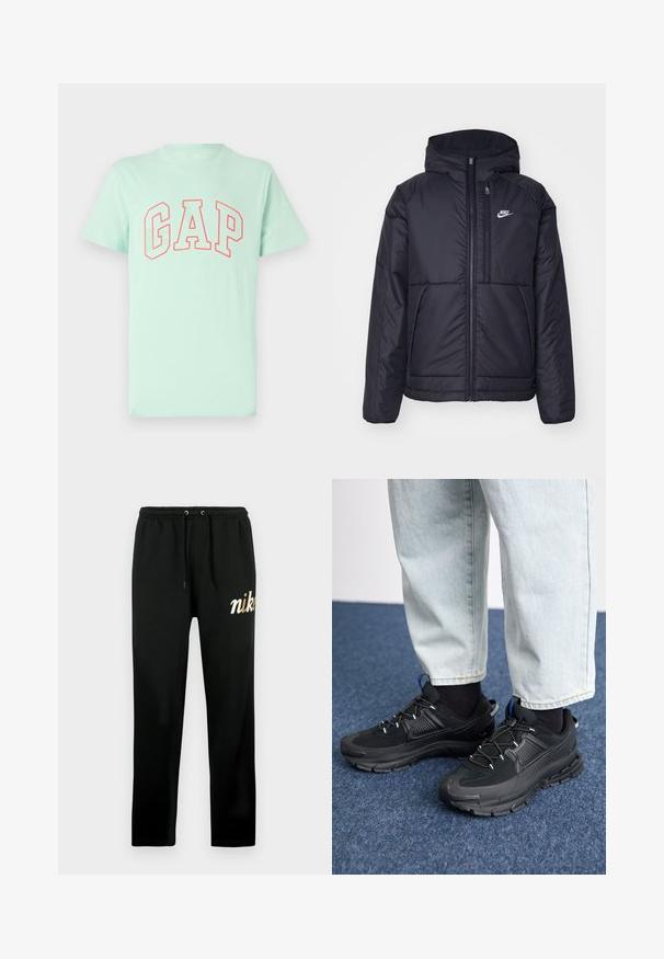 Black, padded Nike jacket with a front zipper and hood. Features a white logo on the left chest and dual front pockets. Smooth exterior texture.; Mint green short-sleeve t-shirt featuring bold red "GAP" logo in an arch design. Made from soft cotton fabric with a crew neckline.; Black sweatpants made of soft fabric, featuring an elastic waistband with drawstrings, tapered legs, and a gold embroidered "nike" logo.; Black athletic shoes with textured fabric and rubber soles, featuring elastic laces and a blue accent on the heel. Worn with light denim pants.