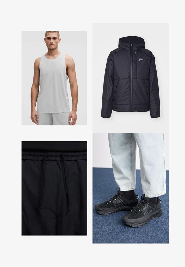 Crna Nike jakna s podstavom, dugmadi sprijeda i kapuljačom. Ima bijeli logotip na lijevoj strani prsnog koša i dva prednja džepa. Glatka vanjska tekstura.; Svijetlosiva atletska majica bez rukava s okruglim izrezom, izrađena od prozračnog materijala koji sadrži suptilne teksture.; Crne kratke hlače s pojasom na vezanje, lagani materijal s glatkom teksturom i jednostavan dizajn bez vidljivih logotipa ili uzoraka.; Crne atletske cipele s teksturiranom tkaninom i gumene potplate, s elastičnim vezicama i plavim akcentom na peti. Nosene su s svijetlim trapericama.