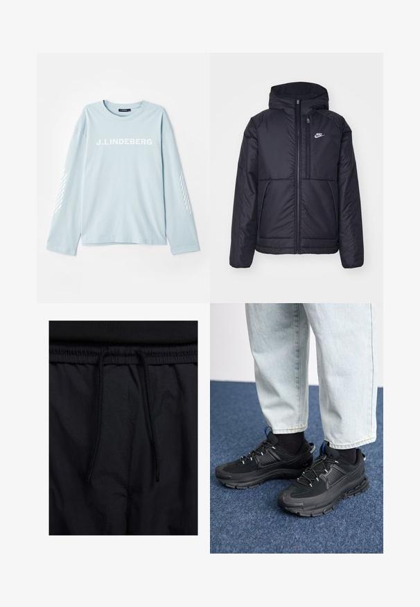 Črna, podložena Nike jakna z sprednjim zadrgo in kapuco. Ima bel logo na levem prsnem delu in dvojna sprednja žepa. Gladka zunanja tekstura.; Svetlo modra dolg rokav majica iz mehkega materiala, ki na sprednji strani vsebuje bel logotip "J. Lindeberg" in vzorčaste dodatke na rokavih.; Črne kratke hlače z vrvico v pasu, lahkotna tkanina z gladko teksturo in preprosto zasnovo brez vidnih logotipov ali vzorcev.; Črne športne čevlje z teksturirano tkanino in gumijastimi podplati, ki imajo elastične vezalke ter modre poudarke na peti. Nosi se z lahkimi denim hlačami.