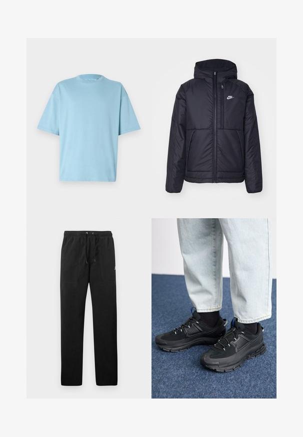 Fekete, párnázott Nike dzseki elülső cipzárral és kapucnival. A bal mellen fehér logó található, valamint két elülső zseb. Simának tűnő külső felület.; Világoskék pamut póló kerek nyakkal, rövid ujjú és laza fit egységgel. Sima textúra és minimalista dizájn.; Fekete, bolyhos anyagú melegítők, elasztikus derékkal és húzózsinórral, két elülső zsebbel és egy kisméretű logóval a combján.; Fekete sportcipők texturált anyaggal és gumitalppal, elasztikus fűzőkkel és kék kiegészítővel a saroknál. Világos farmernadrággal viselve.