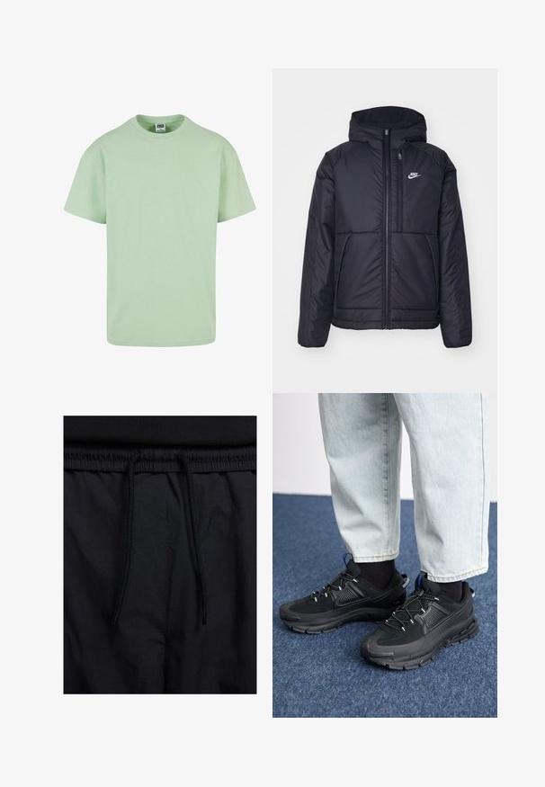 Černá zateplená bunda Nike s předním zipem a kapucí. Na levé straně hrudi má bílé logo a dvojité přední kapsy. Hladký povrch.; Krátký rukáv tričko z měkké, světle zelené bavlny. Klasický design s kulatým výstřihem, lehká textura a mírně volný střih pro pohodlí.; Černé šortky s páskem na šňůrku, lehký materiál s hladkou texturou a jednoduchý design bez viditelných log nebo vzorů.; Černé sportovní boty s texturovanou tkaninou a gumovou podrážkou, s elastickými tkaničkami a modrým akcentem na patě. Nosí se s světlými džíny.