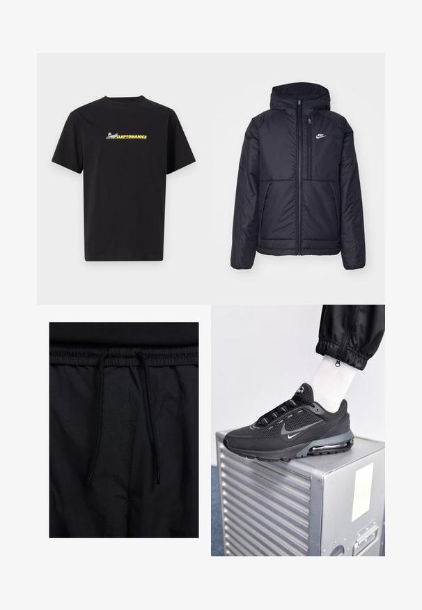 Černá zateplená bunda Nike s předním zipem a kapucí. Na levé straně hrudi má bílé logo a dvojité přední kapsy. Hladký povrch.; Černé bavlněné tričko s kulatým výstřihem, krátkými rukávy a centrálním logem žluté barvy, které zní "CLEPTOMANICX" s jemnými grafickými akcenty.; Černé šortky s páskem na šňůrku, lehký materiál s hladkou texturou a jednoduchý design bez viditelných log nebo vzorů.; Nike Sportswear PULSE - Tenisky - black/anthracite