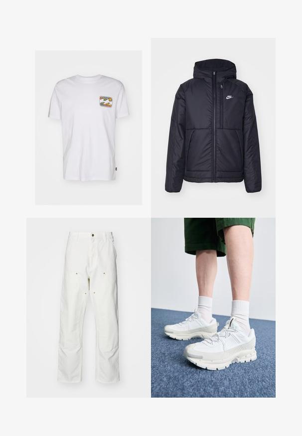 Zwarte, gewatteerde Nike-jas met een voorkant met ritssluiting en capuchon. Kenmerkt zich door een wit logo op de linkerborst en dubbele frontzakken. Gladde buitenkant.; Witte katoenen T-shirt met een vierkante zak met een kleurrijk abstract golfontwerp. Korte mouwen en ronde hals.; Witte katoenen cargobroeken met een relaxte pasvorm. Kenmerken zijn onder andere voorzakken, gouden hardware accenten en versterkte kniezones.; Witte sportieve schoenen met textuuroverlays, een dikke zool en grijze accenten. Draag ze met witte crew-sokken en groene shorts op een blauwe ondergrond.