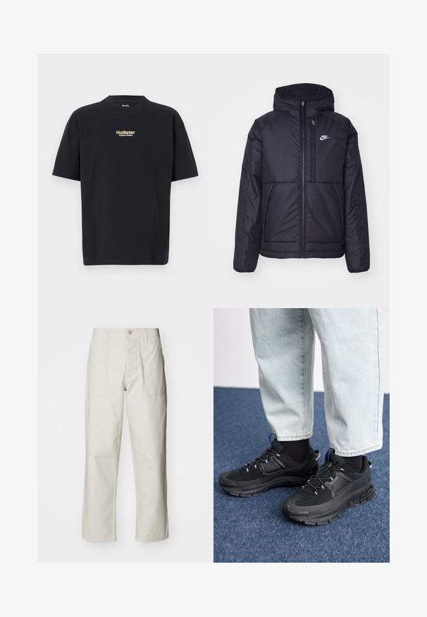 Casaco Nike preto, acolchoado, com fecho à frente e capuz. Apresenta um logo branco no lado esquerdo do peito e dois bolsos frontais. Textura exterior lisa.; T-shirt de algodão preto com mangas curtas, gola redonda e logotipo frontal em texto dourado que diz "Hollister Original Designs."; Calças largas em bege claro, feitas de algodão. Apresentam bolsos frontais e fecho com botão. Textura suave com linhas verticais subtis.; Sapatilhas desportivas pretas com tecido texturizado e solas em borracha, apresentando atacadores elásticos e um detalhe azul no calcanhar. Usadas com calças de ganga claras.
