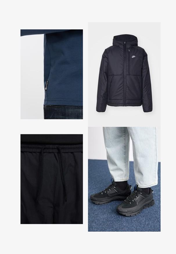Černá zateplená bunda Nike s předním zipem a kapucí. Na levé straně hrudi má bílé logo a dvojité přední kapsy. Hladký povrch.; Tmavě modrá košile s dlouhým rukávem vyrobená z měkké látky, s logem na boku a přiléhavým designem s hladkým povrchem.; Černé šortky s páskem na šňůrku, lehký materiál s hladkou texturou a jednoduchý design bez viditelných log nebo vzorů.; Černé sportovní boty s texturovanou tkaninou a gumovou podrážkou, s elastickými tkaničkami a modrým akcentem na patě. Nosí se s světlými džíny.