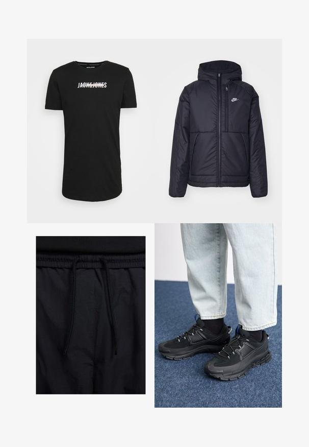 Casaco Nike preto, acolchoado, com fecho à frente e capuz. Apresenta um logo branco no lado esquerdo do peito e dois bolsos frontais. Textura exterior lisa.; Jack & Jones JJTEO TEE - T-shirt estampada - black; Calções pretos com um cós elástico ajustável, fabricados em tecido leve com uma textura suave e um design simples, sem logótipos ou padrões visíveis.; Sapatilhas desportivas pretas com tecido texturizado e solas em borracha, apresentando atacadores elásticos e um detalhe azul no calcanhar. Usadas com calças de ganga claras.