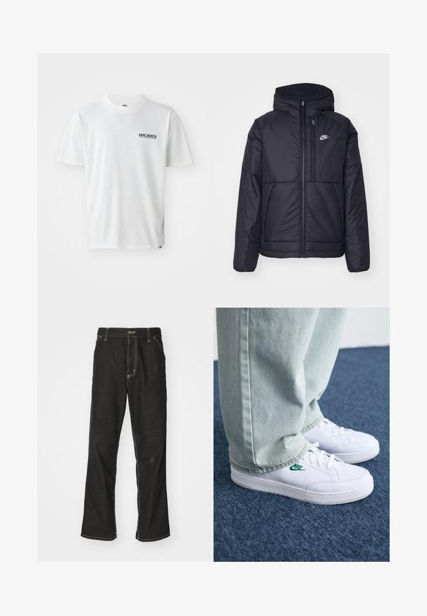 Casaco Nike preto, acolchoado, com fecho à frente e capuz. Apresenta um logo branco no lado esquerdo do peito e dois bolsos frontais. Textura exterior lisa.; Camiseta de algodão branca com mangas curtas, apresentando um logótipo verde "DICKIES ON THE ROAD AGAIN" no lado esquerdo do peito. Design padrão de gola redonda.; Calças de ganga pretas de corte largo, com costuras brancas em contraste, fecho de botão e design de perna reta.; Tênis de couro brancos com logo verde da Nike, bico redondo, sola plana, combinados com calças de denim azul claro, exibidos sobre um tapete azul.