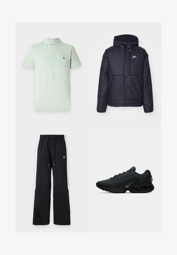 Schwarze, gepolsterte Nike-Jacke mit Frontreißverschluss und Kapuze. Hat ein weißes Logo auf der linken Brust und zwei Fronttaschen. Glattes äußeres Material.; Hellgrünes Poloshirt aus Baumwolle, mit Knopfleiste, kurzen Ärmeln und einem kleinen gestickten Logo auf der linken Brust.; Schwarze Sportpants mit elastischem Bund, weißen Seitenstreifen, Reißverschluss-Manschetten und einem gummierten Logo-Detail auf der Vorderseite.; Schwarzer Sportschuh mit strukturiertem Obermaterial, geschwungenem Design, ausgeprägter Zwischensohle und sichtbaren Dämpfungselementen. Mit weißem Logo-Detail.