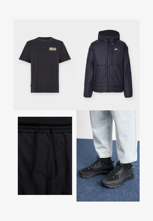 Zwarte, gewatteerde Nike-jas met een voorkant met ritssluiting en capuchon. Kenmerkt zich door een wit logo op de linkerborst en dubbele frontzakken. Gladde buitenkant.; Zwarte katoenen t-shirt met een ronde hals en korte mouwen, voorzien van een gouden grafische print op de linkerborst met de tekst "ELEMENT X TIMBER".; Zwarte shorts met een drawstring tailleband, lichtgewicht stof met een zachte textuur en een eenvoudig ontwerp zonder zichtbare logo's of patronen.; Zwarte sportschoenen met gestructureerde stof en rubberen zolen, met elastische veters en een blauwe accent op de hiel. Draag samen met lichte spijkerbroeken.