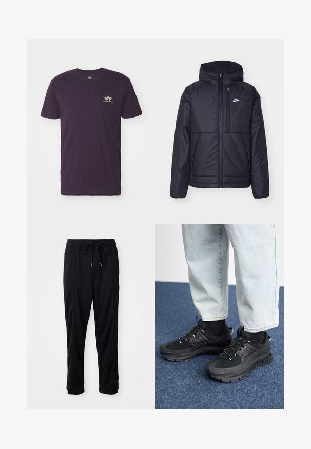 Chaqueta acolchada negra de Nike con cremallera frontal y capucha. Presenta un logo blanco en el lado izquierdo del pecho y dos bolsillos frontales. Textura exterior suave.; Camiseta de algodón morada con cuello redondo, mangas cortas y un logo dorado con alas en la parte superior izquierda. Textura suave, diseño casual.; Pantalones casuales negros con cordón en la cintura, con bolsillos laterales y corte de pierna recta sobre un fondo liso.; Zapatillas deportivas negras con tejido texturizado y suelas de goma, con cordones elásticos y un acento azul en el talón. Combinadas con pantalones de mezclilla claros.