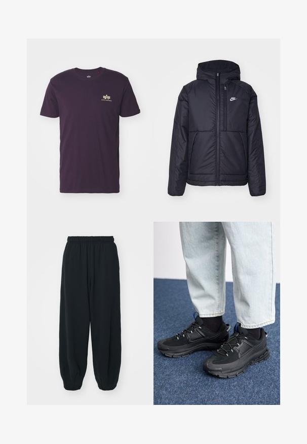 Sort, polstret Nike-jakke med frontlynlås og hætte. Har et hvidt logo på venstre bryst og to frontlommer. Glat ydre tekstur.; Lilla bomulds t-shirt med rund hals, korte ærmer og et guld logo med vinger i øverste venstre hjørne. Blød tekstur, afslappet design.; Sorte svedbukser med elastisk talje, løs pasform, afsluttede ankler, glat tekstur og uden synlige mønstre eller hardware-detaljer.; Sorte træningssko med tekstureret stof og gummisåler, udstyret med elastiske snørebånd og en blå detalje på hælen. Bæres med lyse denimbukser.