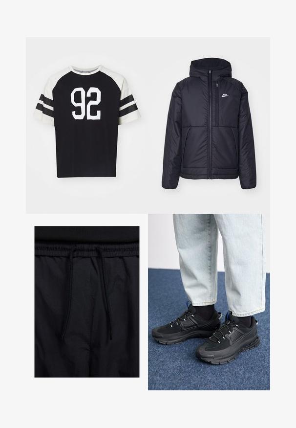 Juodas, paminkštintas Nike džemperis su priekyje užtrauktuku ir gobtuvu. Pasižymi balta logo kairėje krūtinės pusėje ir dviem priekinėmis kišenėmis. Su lygiu išoriniu paviršiumi.; Juodas medvilninis marškinėlis su balta 92 numeriu priekyje, kremine spalva ilgomis rankovėmis su juodomis juostelėmis. Klasikinis sportiškas dizainas, trumpomis rankovėmis.; Juodos šortai su raišteliu juosmens srityje, lengva medžiaga su lygiu paviršiumi ir paprastas dizainas be matomų logotipų ar raštų.; Juodi sportiniai bateliai su tekstūruota medžiaga ir guminiais padais, su elastingomis raišteliais ir mėlynu akcentu ant kulno. Dėvimi su šviesiai mėlynomis džinsinėmis kelnėmis.