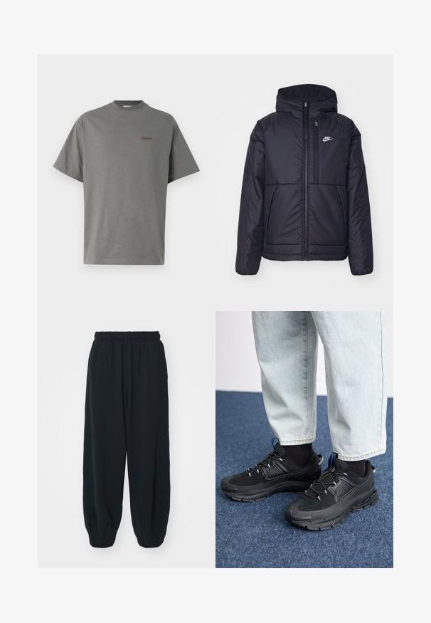 Musta, pehmustettu Nike-takki, jossa on etuvetoketju ja huppu. Vasemmassa rinnassa on valkoinen logo ja takissa on kaksinkertaiset etutaskut. Pintakoe on sileä.; Harmaa puuvillainen T-paita lyhyillä hihoilla, pyöreällä kaula-aukolla ja pienellä ruskealla logolla vasemmassa rinnassa. Sileä kangas ja rento istuvuus.; Mustat, elastisella vyötäröllä varustetut collegehousut, joissa on löysä istuvuus, cuffattu lahje, sileä pinta ja ilman näkyviä kuvioita tai varusteita.; Mustat urheilukengät, joissa on teksturoitu kangas ja kumipohjat, elastiset nauhat ja sininen yksityiskohta kannassa. Yhdistetty vaaleisiin farkkuihin.