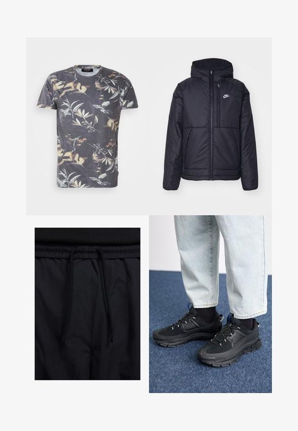 Juodas, paminkštintas Nike džemperis su priekyje užtrauktuku ir gobtuvu. Pasižymi balta logo kairėje krūtinės pusėje ir dviem priekinėmis kišenėmis. Su lygiu išoriniu paviršiumi.; Tamsiai pilka trumpa rankovė marškiniai su daugiaspalviu botanikos spaudiniu, kuriame yra lapų ir šakų, apvaliu iškirpimu ir įprastu kirpimu.; Juodos šortai su raišteliu juosmens srityje, lengva medžiaga su lygiu paviršiumi ir paprastas dizainas be matomų logotipų ar raštų.; Juodi sportiniai bateliai su tekstūruota medžiaga ir guminiais padais, su elastingomis raišteliais ir mėlynu akcentu ant kulno. Dėvimi su šviesiai mėlynomis džinsinėmis kelnėmis.