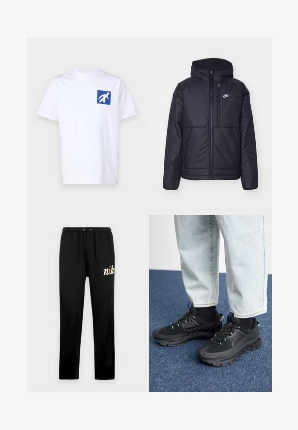 Svart, polstret Nike-jakke med frontglidelås og hette. Har en hvit logo på venstre bryst og doble frontlommer. Glatt ytterside.; Hvit bomull t-skjorte med en avslappet passform, med et blått firkantet grafikk med en hvit silhuett av en figur på venstre bryst.; Svarte treningsbukser laget av mykt stoff, med elastisk midjebånd med snor, smalnede ben og en gullbrodert "nike"-logo.; Svarte sportssko med teksturert stoff og gummisåler, med elastiske lisser og en blå detalj på hælen. Brukt med lyse denimbukser.