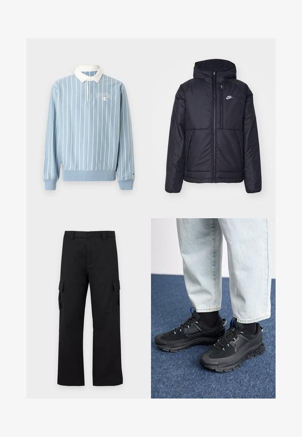 Černá zateplená bunda Nike s předním zipem a kapucí. Na levé straně hrudi má bílé logo a dvojité přední kapsy. Hladký povrch.; Světle modrá polokošile s dlouhým rukávem, s bílými pruhy, bílým límcem a malým logem Champion na hrudi. Vyrobeno z měkkého materiálu.; Černé cargo kalhoty s rovnou nohavicí. Vyrobené z odolného materiálu, obsahují dvě boční kapsy se zapínáním na klopu a knoflíkový zip.; Černé sportovní boty s texturovanou tkaninou a gumovou podrážkou, s elastickými tkaničkami a modrým akcentem na patě. Nosí se s světlými džíny.