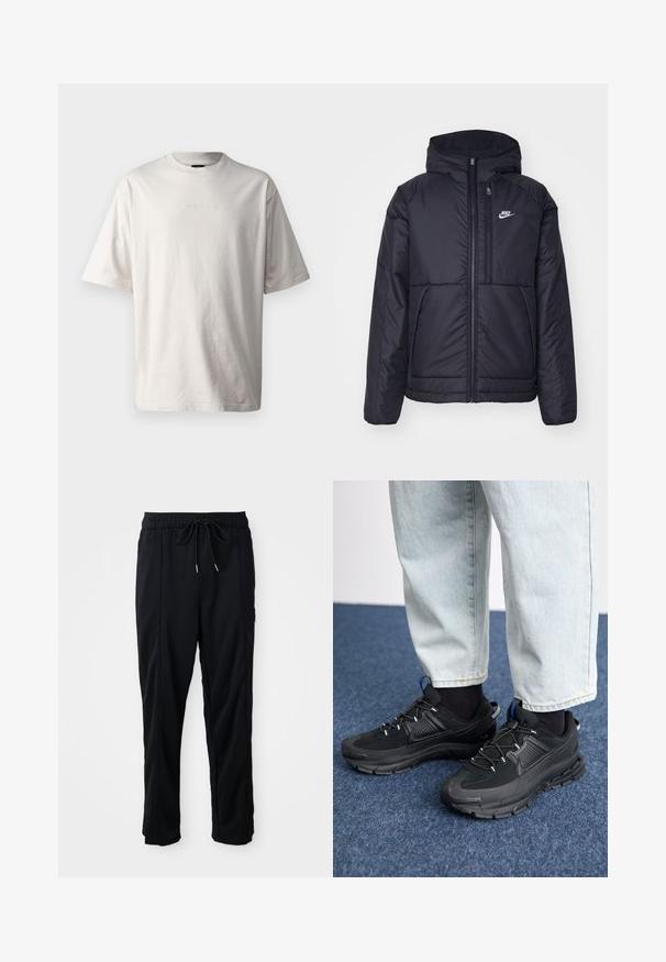 Juodas, paminkštintas Nike džemperis su priekyje užtrauktuku ir gobtuvu. Pasižymi balta logo kairėje krūtinės pusėje ir dviem priekinėmis kišenėmis. Su lygiu išoriniu paviršiumi.; Oakley SOHO TEE - Paprasti marškinėliai - lunar rock; Juodos laisvos kelnės su raišteliu liemens, šoninėmis kišenėmis ir tiesiu kirpimu ant vienodos fono.; Juodi sportiniai bateliai su tekstūruota medžiaga ir guminiais padais, su elastingomis raišteliais ir mėlynu akcentu ant kulno. Dėvimi su šviesiai mėlynomis džinsinėmis kelnėmis.