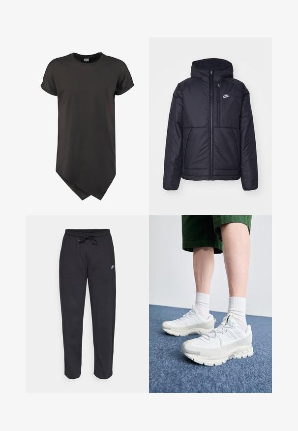 Must musta Nike jope, millel on ees lukuga avamine ja kapuuts. Vasakpoolne rind on kaunistatud valge logoga ning ees on kaks taskut. Sile välimine tekstuur.; Must värvitooniga lühikeste varrukatega T-särk, mis on valmistatud siledast kangast. Särgil on kaarjas alläär ning lõdva lõikega, millel on üleskeeratud varrukad.; Mustad mustad, pehmest kangast, elastse vöökoha, nööriga ja väikese Nike logo'ga vasakul reiel.; Valged sportsijalatsid tekstuursete pealsete, kopsaka tallaga ja hallide aktsentidega. Kanda valgete lühikeste sokkidega ja roheliste lühikeste pükstega sinisel pinnal.