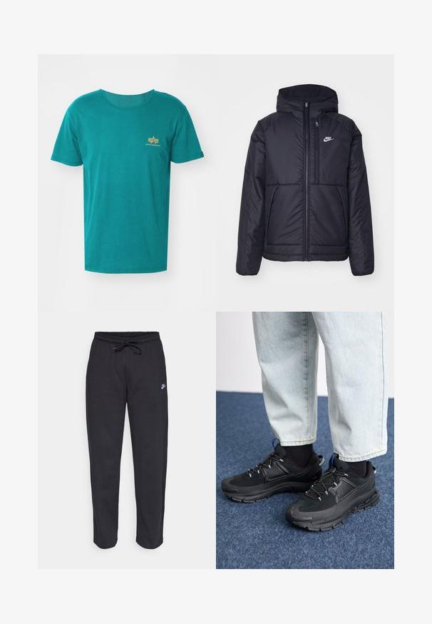 Black, padded Nike jacket with a front zipper and hood. Features a white logo on the left chest and dual front pockets. Smooth exterior texture.; Alpha Industries SMALL LOGO - Print T-shirt - force green; Black sweatpants made of soft fabric with an elastic waistband, drawstring, and a small Nike logo on the left thigh.; Black athletic shoes with textured fabric and rubber soles, featuring elastic laces and a blue accent on the heel. Worn with light denim pants.