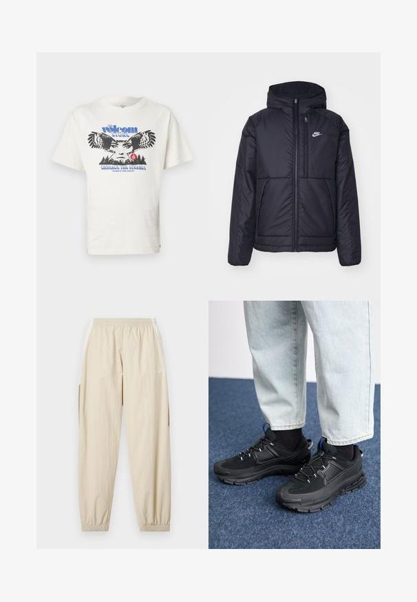 Jachetă Nike neagră, căptușită, cu fermoar pe față și glugă. Prezintă un logo alb pe pieptul stâng și două buzunare frontale. Textură exterioară netedă.; Tricou alb din bumbac cu un grafic frontal cu o bufniță, textul "The Volcom Stone" în albastru și "Embrace the Strange" în albastru dedesubt.; Pantaloni jogger ușori bej, cu talie elastică, glezne strânse, buzunare laterale și un logo Nike subtil, alb, pe coapsa stângă.; Pantofi sport negri, cu țesătură texturată și tălpi din cauciuc, având șireturi elastice și un accent albastru pe toc. Purtați cu pantaloni din denim deschis.
