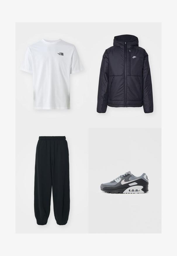Zwarte, gewatteerde Nike-jas met een voorkant met ritssluiting en capuchon. Kenmerkt zich door een wit logo op de linkerborst en dubbele frontzakken. Gladde buitenkant.; Witte katoenen t-shirt met korte mouwen, een ronde hals en een klein zwart logo op de borst. Standaard pasvorm, zachte textuur, geen patronen.; Zwarte, elastiche sweatpants met een losse pasvorm, manchetten aan de enkels, een zachte textuur en zonder zichtbare patronen of hardwareaccenten.; Grijze sneaker met een mix van mesh en suède materialen, met een zwarte zool en zichtbare luchtunit. Opvallende lichtgrijze accenten en veters.