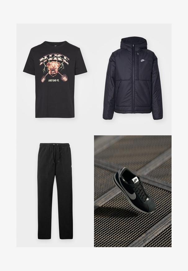 Czarna, pikowana kurtka Nike z przednim zamkiem błyskawicznym i kapturem. Posiada białe logo po lewej stronie klatki piersiowej oraz podwójne kieszenie z przodu. Gładka struktura zewnętrzna.; Czarna bawełniana koszulka z grafiką buldoga z ciężarami, otoczoną błyskawicami. Napis brzmi „NIKE JUST DO IT”. Prosty krój z okrągłym dekoltem.; Czarne spodnie dresowe z polaru, z elastycznym paskiem w talii ze sznurkiem, dwiema przednimi kieszeniami oraz małym logo na udzie.; Czarny sneaker Nike z szarymi akcentami, materiałami zamszowymi i siateczkowymi, teksturowaną podeszwą, wąskim kształtem i klasycznym zapięciem na sznurówki.