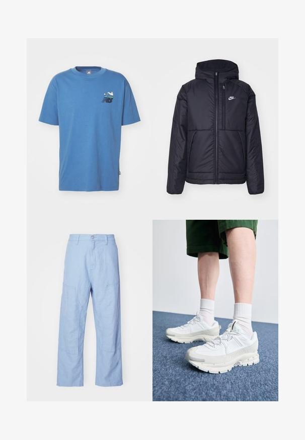 Melna, pufota Nike jaka ar priekšējo rāvējslēdzēju un kapuci. Iezīmēta ar baltu logotipu uz kreisās krūtis un divām priekšējām kabatām. Gluda ārējā tekstūra.; Zila kokvilnas T-krekls ar īsām piedurknēm, apaļu kakla izgriezumu un mazu daudzkrāsainu grafisko logo uz krūtīm, kas attēlo putnu un ģeometriskus formas.; Gaiši zili lina bikses ar brīvu piegriezumu, kas ietver kabatas ar ielāpiem un redzamām šuvju detaļām. Audumam ir mīksta, teksturēta izskats.; Baltas sporta apavi ar teksturētām detaļām, masīvu zoli un pelēkiem akcentiem. Valkāti ar baltiem zeķu pēdu apģērbiem un zaļām šortiem uz zilas virsmas.