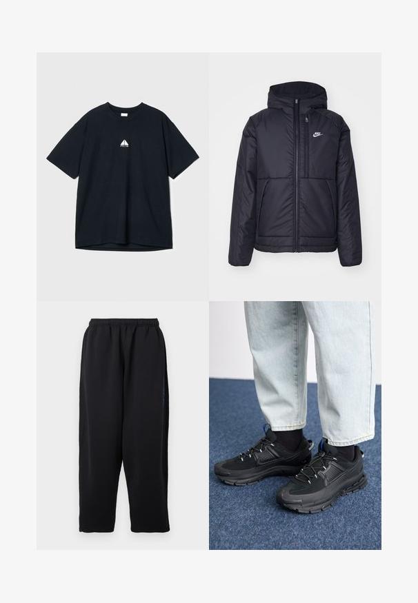 Juodas, paminkštintas Nike džemperis su priekyje užtrauktuku ir gobtuvu. Pasižymi balta logo kairėje krūtinės pusėje ir dviem priekinėmis kišenėmis. Su lygiu išoriniu paviršiumi.; Juodas medvilnės marškinėliai su apvaliomis iškirptėmis, trumpomis rankovėmis ir maža balta grafika ant krūtinės. Minkšta tekstūra, laisvas kirpimas.; Juodos laisvalaikio kelnės iš minkštos medžiagos, su elastiniu liemeniu, plačiomis kojų dalimis ir šoninėmis kišenėmis su subtiliomis mėlynomis detalėmis.; Juodi sportiniai bateliai su tekstūruota medžiaga ir guminiais padais, su elastingomis raišteliais ir mėlynu akcentu ant kulno. Dėvimi su šviesiai mėlynomis džinsinėmis kelnėmis.