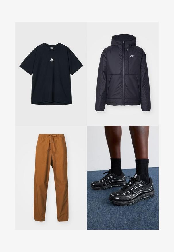 Black, padded Nike jacket with a front zipper and hood. Features a white logo on the left chest and dual front pockets. Smooth exterior texture.; Black cotton t-shirt with a round neck, short sleeves, and a small white graphic logo on the chest. Soft texture, loose fit.; Brown, lightweight, drawstring trousers with an elastic waistband, featuring two side pockets and a smooth texture.; Black Nike shoes feature a mesh upper with accent stripes, textured lacing, and a black rubber sole. Worn with black ribbed socks.