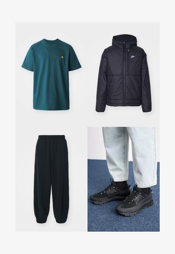 Veste Nike noire rembourrée avec une fermeture éclair sur le devant et une capuche. Elle présente un logo blanc sur la poitrine gauche et deux poches avant. Texture extérieure lisse.; T-shirt en coton teal à manches courtes, col rond, avec un petit logo brodé jaune et rouge sur la poitrine gauche.; Pantalons de survêtement noirs avec taille élastiquée, coupe ample, chevilles côtelées, texture lisse et sans motifs ni accents matériels visibles.; Des chaussures de sport noires avec un tissu texturé et des semelles en caoutchouc, dotées de lacets élastiques et d'un accent bleu au talon. Portées avec un pantalon en denim clair.