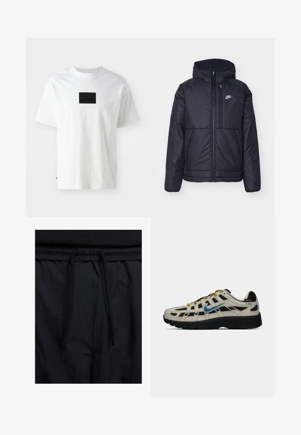 Μαύρο, επενδυμένο μπουφάν Nike με μπροστινό φερμουάρ και κουκούλα. Διαθέτει λευκό λογότυπο στο αριστερό στήθος και διπλές μπροστινές τσέπες. Λείο εξωτερικό υλικό.; Λευκή βαμβακερή μπλούζα t-shirt με μαύρη ορθογώνια ταμπέλα με το λογότυπο της Nike στο στήθος, με στρογγυλή λαιμόκοψη και κοντά μανίκια, διαθέτοντας ευθεία γραμμή.; Μαύρο σορτσάκι με ζωνάκι που ρυθμίζεται, ελαφρύ ύφασμα με απλή υφή και απλό σχέδιο χωρίς ορατά λογότυπα ή μοτίβα.; Μπεζ και μαύρα sneakers Nike P-6000 με μπλέ σουέτ, κίτρινες κορδόνες, μαύρη σόλα και ετικέτα από ύφασμα Cordura στην φτέρνα.