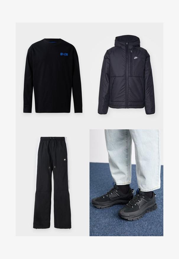 Černá zateplená bunda Nike s předním zipem a kapucí. Na levé straně hrudi má bílé logo a dvojité přední kapsy. Hladký povrch.; Černé dlouhé tričko vyrobené z bavlny, s modrým logem na hrudi. Jednoduchý design s kulatým výstřihem a rovný střih.; Černé sportovní kalhoty s pružným pasem, bílými bočními pruhy, zipovými manžetami a gumovým logem na přední straně.; Černé sportovní boty s texturovanou tkaninou a gumovou podrážkou, s elastickými tkaničkami a modrým akcentem na patě. Nosí se s světlými džíny.