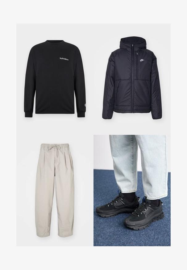 Crna Nike jakna s podstavom, dugmadi sprijeda i kapuljačom. Ima bijeli logotip na lijevoj strani prsnog koša i dva prednja džepa. Glatka vanjska tekstura.; Crna majica dugih rukava od pamuka. Ima natpis "No Problemo" na prsima i logotip na rukavu. Okrugli izrez i uski manžeti.; Bež hlače od laganog materijala s elastičnim pojasom i vezicom. Imaju nabore i širok kroj, izrađene od mekanog, glatkog materijala.; Crne atletske cipele s teksturiranom tkaninom i gumene potplate, s elastičnim vezicama i plavim akcentom na peti. Nosene su s svijetlim trapericama.