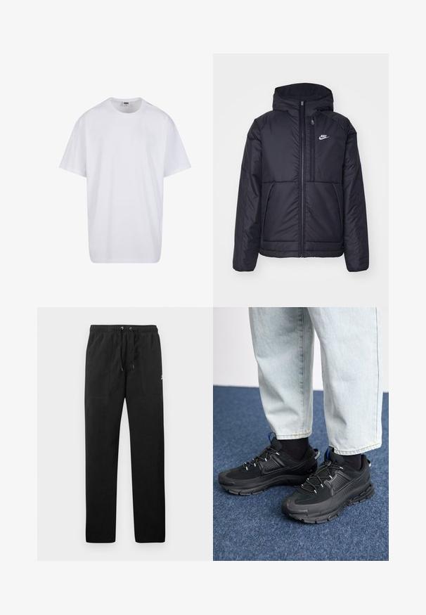 Jachetă Nike neagră, căptușită, cu fermoar pe față și glugă. Prezintă un logo alb pe pieptul stâng și două buzunare frontale. Textură exterioară netedă.; Tricou alb din bumbac cu mâneci scurte, decolteu rotund, croială lejeră și fără logo-uri sau modele vizibile. Textură netedă și design minimalist.; Pantaloni de trening negri din fleece, cu talie elastică și șnururi, două buzunare frontale și un logo mic pe coapsă.; Pantofi sport negri, cu țesătură texturată și tălpi din cauciuc, având șireturi elastice și un accent albastru pe toc. Purtați cu pantaloni din denim deschis.