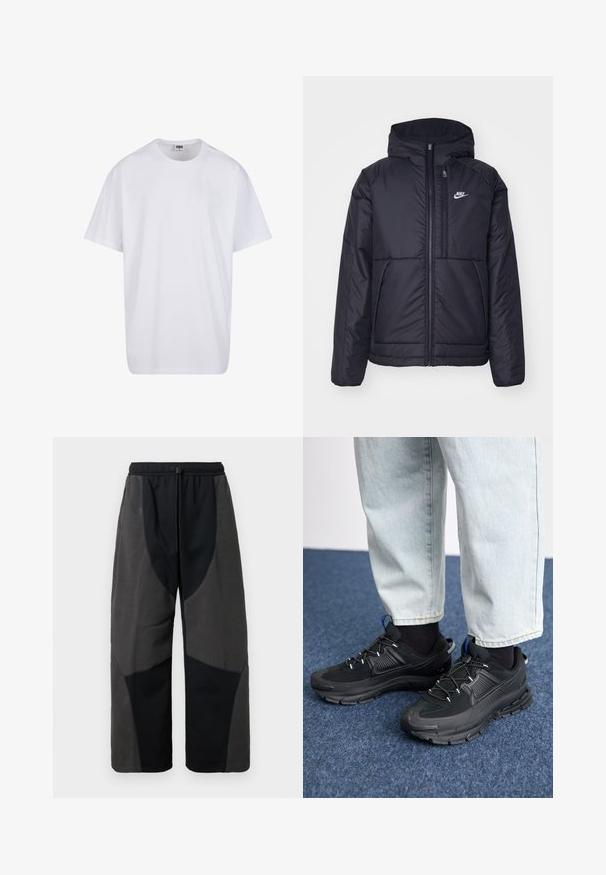 Veste Nike noire rembourrée avec une fermeture éclair sur le devant et une capuche. Elle présente un logo blanc sur la poitrine gauche et deux poches avant. Texture extérieure lisse.; T-shirt en coton blanc avec des manches courtes, un col rond, une coupe décontractée et sans logos ni motifs visibles. Texture lisse et design minimaliste.; Pantalons noirs à accents en polaire avec une coupe décontractée, dotés de panneaux en tissu gris foncé contrastants et d'une ceinture à cordon ajustable.; Des chaussures de sport noires avec un tissu texturé et des semelles en caoutchouc, dotées de lacets élastiques et d'un accent bleu au talon. Portées avec un pantalon en denim clair.