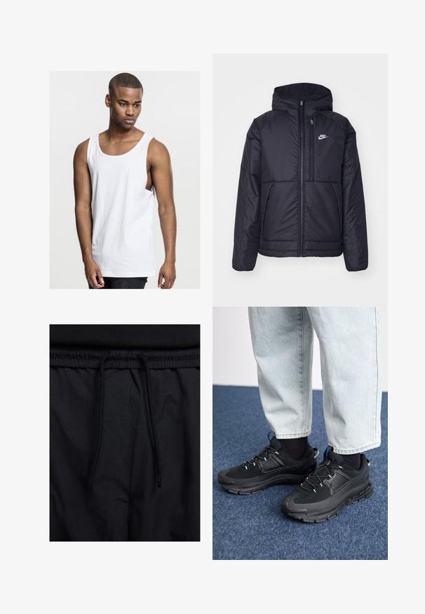 Svart, polstret Nike-jakke med frontglidelås og hette. Har en hvit logo på venstre bryst og doble frontlommer. Glatt ytterside.; Hvitt, ermelaust bomullstopp med rund hals, avslappa passform og sømmer på sidene. Glatt tekstur, standard lengde, velegna for kvardagsbruk.; Sorte shorts med snor i livet, lett stoff med en jevn tekstur, og et enkelt design uten synlige logoer eller mønstre.; Svarte sportssko med teksturert stoff og gummisåler, med elastiske lisser og en blå detalj på hælen. Brukt med lyse denimbukser.