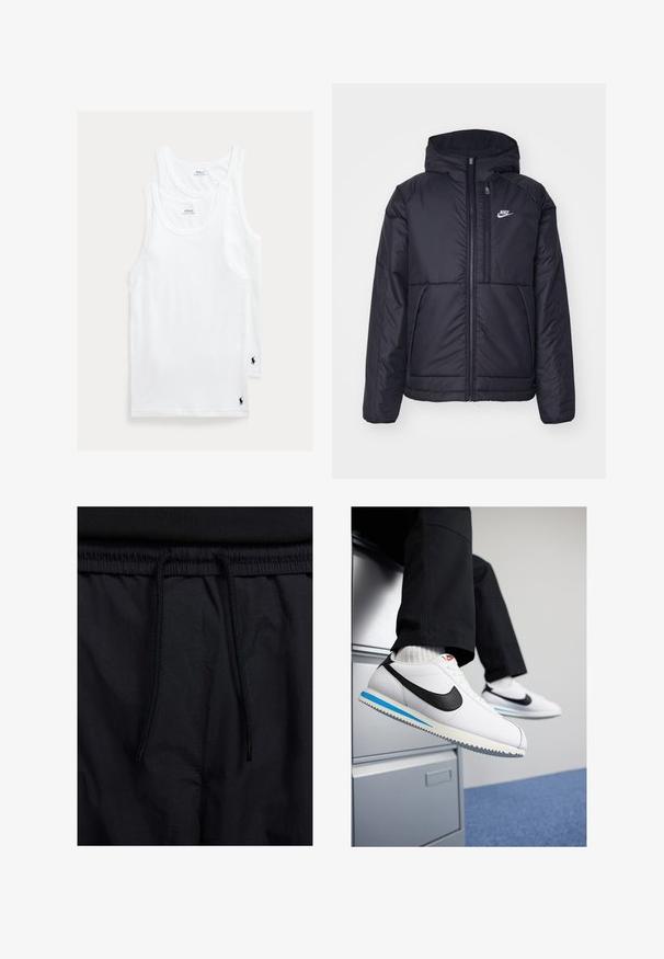Juodas, paminkštintas Nike džemperis su priekyje užtrauktuku ir gobtuvu. Pasižymi balta logo kairėje krūtinės pusėje ir dviem priekinėmis kišenėmis. Su lygiu išoriniu paviršiumi.; Balti medvilniniai marškinėliai be rankovių, komplekte po du, su klasikine apvaliomis kaklo iškirpte ir mažyčiu siuvinėtu logotipu apatiniame kairiajame kampe.; Juodos šortai su raišteliu juosmens srityje, lengva medžiaga su lygiu paviršiumi ir paprastas dizainas be matomų logotipų ar raštų.; Baltos odinės sportbačiai su juodu Nike logotipu, šviesiai mėlyna ir pilka guma padais bei klasikiniu raištelių dizainu. Kojos remiasi į dokumentų spintą.