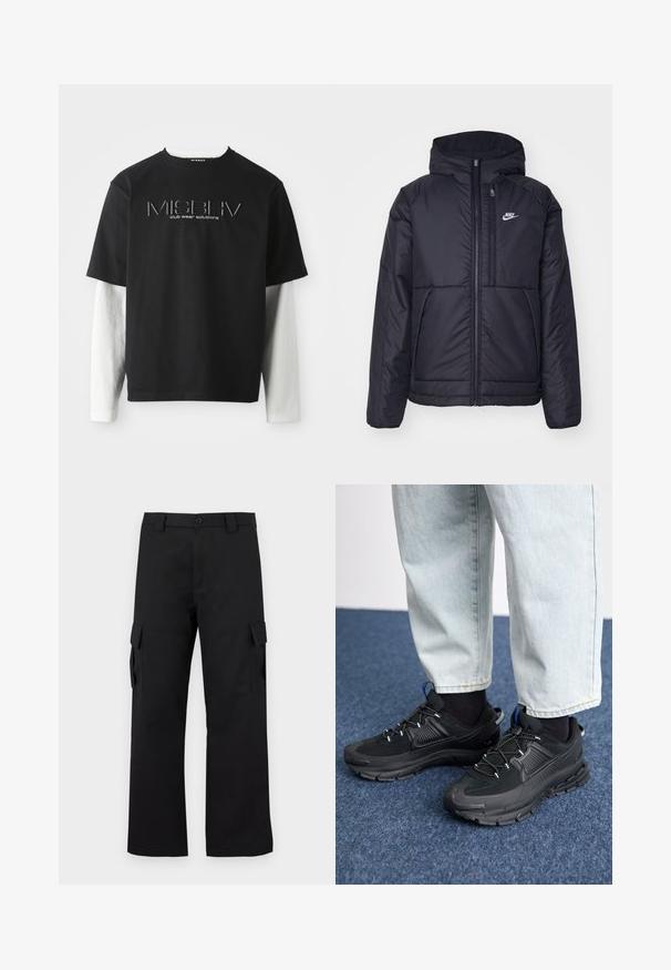 Zwarte, gewatteerde Nike-jas met een voorkant met ritssluiting en capuchon. Kenmerkt zich door een wit logo op de linkerborst en dubbele frontzakken. Gladde buitenkant.; Zwarte T-shirt met korte mouwen gelaagd over witte lange mouwen, met het MISBHV clubwear-oplossingen logo gecentreerd op de borst.; Zwarte cargobroek met een recht gesneden ontwerp. Gemaakt van duurzaam materiaal, met twee zijzakken met klep en een knoopsluiting.; Zwarte sportschoenen met gestructureerde stof en rubberen zolen, met elastische veters en een blauwe accent op de hiel. Draag samen met lichte spijkerbroeken.