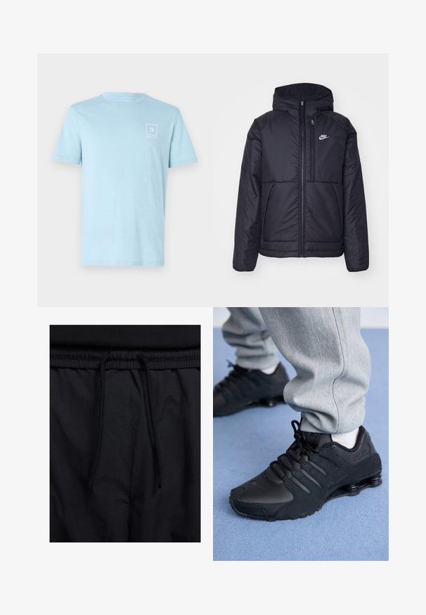 Black, padded Nike jacket with a front zipper and hood. Features a white logo on the left chest and dual front pockets. Smooth exterior texture.; Light blue cotton t-shirt with a crew neck and short sleeves, featuring a small white logo in the upper left corner. Minimalist design.; Black shorts featuring a drawstring waistband, lightweight fabric with a smooth texture, and a simple design without visible logos or patterns.; Person wearing black Nike Shox sneakers and gray sweatpants standing on light blue carpet.