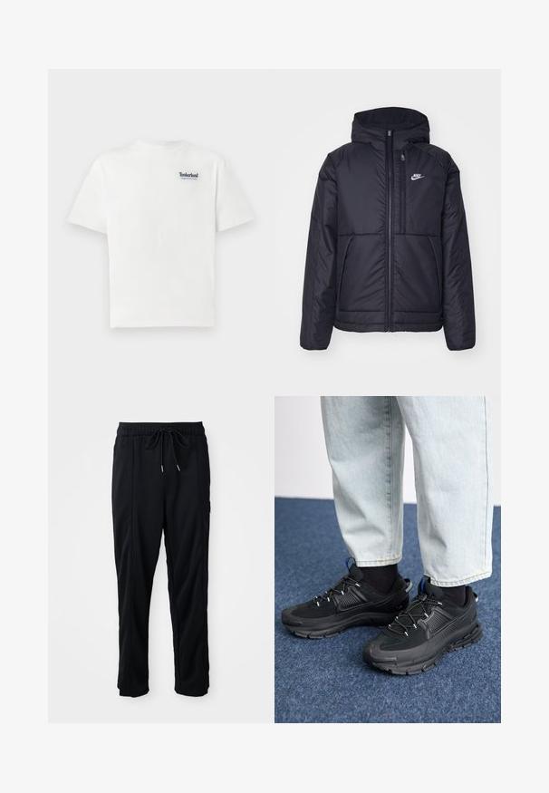 Chaqueta acolchada negra de Nike con cremallera frontal y capucha. Presenta un logo blanco en el lado izquierdo del pecho y dos bolsillos frontales. Textura exterior suave.; Camiseta de algodón blanca con un logo bordado en azul que dice "Timberland Rugged Active Gear" en la parte superior izquierda del pecho. Mangas cortas y cuello redondo.; Pantalones casuales negros con cordón en la cintura, con bolsillos laterales y corte de pierna recta sobre un fondo liso.; Zapatillas deportivas negras con tejido texturizado y suelas de goma, con cordones elásticos y un acento azul en el talón. Combinadas con pantalones de mezclilla claros.
