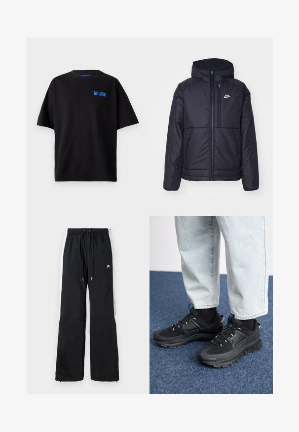 Chaqueta acolchada negra de Nike con cremallera frontal y capucha. Presenta un logo blanco en el lado izquierdo del pecho y dos bolsillos frontales. Textura exterior suave.; Camiseta de algodón negra con un corte holgado, que presenta un logo azul de "Hug" en el pecho, escote redondo y mangas cortas. Diseño sencillo.; Pantalones deportivos negros con cinturilla elástica, rayas laterales blancas, puños con cremallera y un detalle de logo en goma en la parte delantera.; Zapatillas deportivas negras con tejido texturizado y suelas de goma, con cordones elásticos y un acento azul en el talón. Combinadas con pantalones de mezclilla claros.