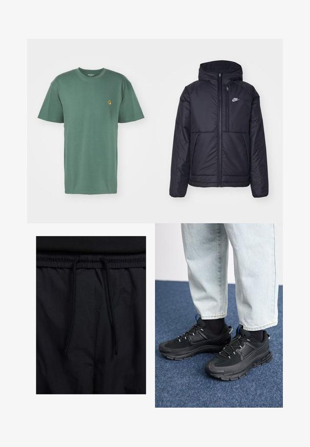 Black, padded Nike jacket with a front zipper and hood. Features a white logo on the left chest and dual front pockets. Smooth exterior texture.; Carhartt WIP CHASE - Basic T-shirt - duck green/gold; Black shorts featuring a drawstring waistband, lightweight fabric with a smooth texture, and a simple design without visible logos or patterns.; Black athletic shoes with textured fabric and rubber soles, featuring elastic laces and a blue accent on the heel. Worn with light denim pants.