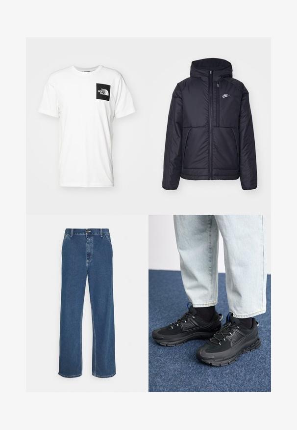Svart, polstret Nike-jakke med frontglidelås og hette. Har en hvit logo på venstre bryst og doble frontlommer. Glatt ytterside.; Hvit bomull T-skjorte med en svart lomme med "The North Face"-logo i hvitt. Korte ermer og rund hals.; Blå denimjeans med rett snitt, fem-lomme design, metallknapp-lukking og synlig søm langs sømmer og kant.; Svarte sportssko med teksturert stoff og gummisåler, med elastiske lisser og en blå detalj på hælen. Brukt med lyse denimbukser.