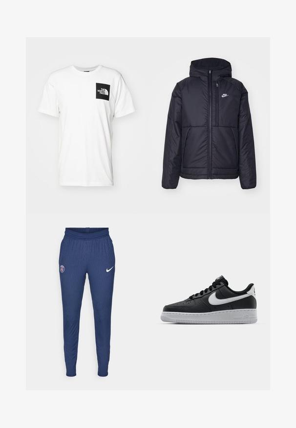 Črna, podložena Nike jakna z sprednjim zadrgo in kapuco. Ima bel logo na levem prsnem delu in dvojna sprednja žepa. Gladka zunanja tekstura.; Bela bomba iz bombaža z črno kvadratno žepe, na katerem je v belem napis "The North Face". Ima kratke rokave in krojen ovratnik.; Mornarice športne hlače iz teksturiranega materiala z logotipom Pariza na levem stegnu in belim Nikejevim logotipom na desni strani.; Črne usnjene teniske z teksturirano površino, bele Nikejeve zmage, sivo podplato, okroglo konico in vezalno zasnovo. Imajo perforacije na prednjem delu.