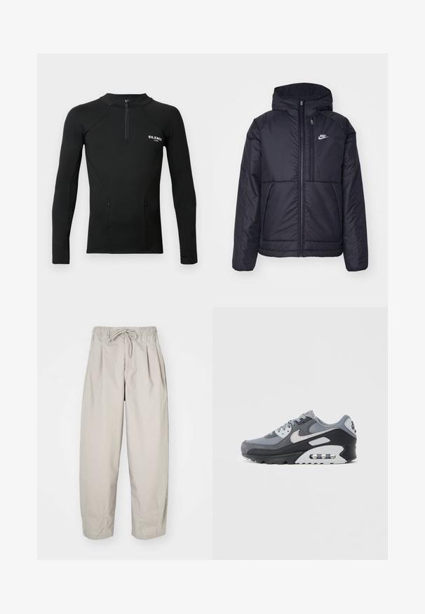 Črna, podložena Nike jakna z sprednjim zadrgo in kapuco. Ima bel logo na levem prsnem delu in dvojna sprednja žepa. Gladka zunanja tekstura.; Črn dolg rokav športni zgornji del s potipnim ovratnikom, ki ima prilegajoč dizajn in dva stranska žepa. Na prsih je logotip "SILENCE".; Bež hlače iz lahkega materiala z elastičnim pasom in vrvico. Imajo gube in ohlapen kroj, izdelane so iz mehkega, gladkega blaga.; Siva superga z mešanico mrežaste in antilop materiala, s črnim podplatom in vidno zračno enoto. Izstopajo svetlo sive poudarki in vezalke.