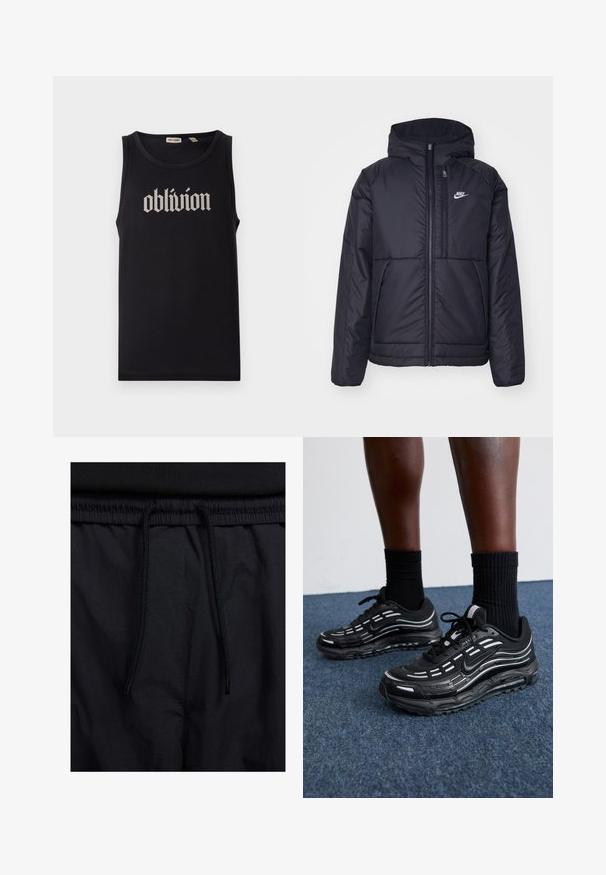 Chaqueta acolchada negra de Nike con cremallera frontal y capucha. Presenta un logo blanco en el lado izquierdo del pecho y dos bolsillos frontales. Textura exterior suave.; Top negro sin mangas, hecho de algodón, con un audaz texto en estilo gótico blanco que dice "oblivion" centrado en el frente. Textura suave.; Pantalones cortos negros con cinturilla ajustable, tejido ligero con una textura suave y un diseño sencillo sin logotipos visibles ni patrones.; Las zapatillas Nike negras presentan una parte superior de malla con franjas de acento, cordones texturizados y una suela de goma negra. Se llevan con calcetines negros de canalé.
