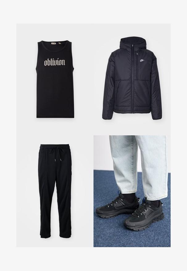 Černá zateplená bunda Nike s předním zipem a kapucí. Na levé straně hrudi má bílé logo a dvojité přední kapsy. Hladký povrch.; Černý tílko vyrobené z bavlny, s výrazným bílým textem v gotickém stylu "oblivion" umístěným uprostřed vpředu. Hladká textura, bezrukávový design.; Černé casual kalhoty se stahovací šňůrkou v pase, bočními kapsami a rovnými nohavicemi na jednobarevném pozadí.; Černé sportovní boty s texturovanou tkaninou a gumovou podrážkou, s elastickými tkaničkami a modrým akcentem na patě. Nosí se s světlými džíny.
