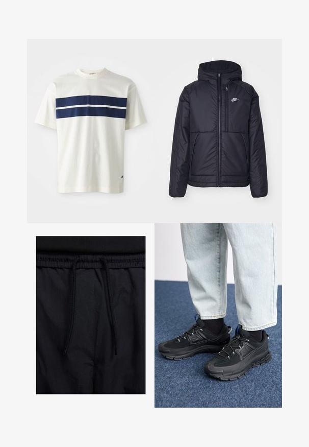 Černá zateplená bunda Nike s předním zipem a kapucí. Na levé straně hrudi má bílé logo a dvojité přední kapsy. Hladký povrch.; Bílé bavlněné tričko s horizontálním vzorem námořnických modrých pruhů s užším bílým pruhem dole, krátké rukávy a kulatý výstřih.; Černé šortky s páskem na šňůrku, lehký materiál s hladkou texturou a jednoduchý design bez viditelných log nebo vzorů.; Černé sportovní boty s texturovanou tkaninou a gumovou podrážkou, s elastickými tkaničkami a modrým akcentem na patě. Nosí se s světlými džíny.