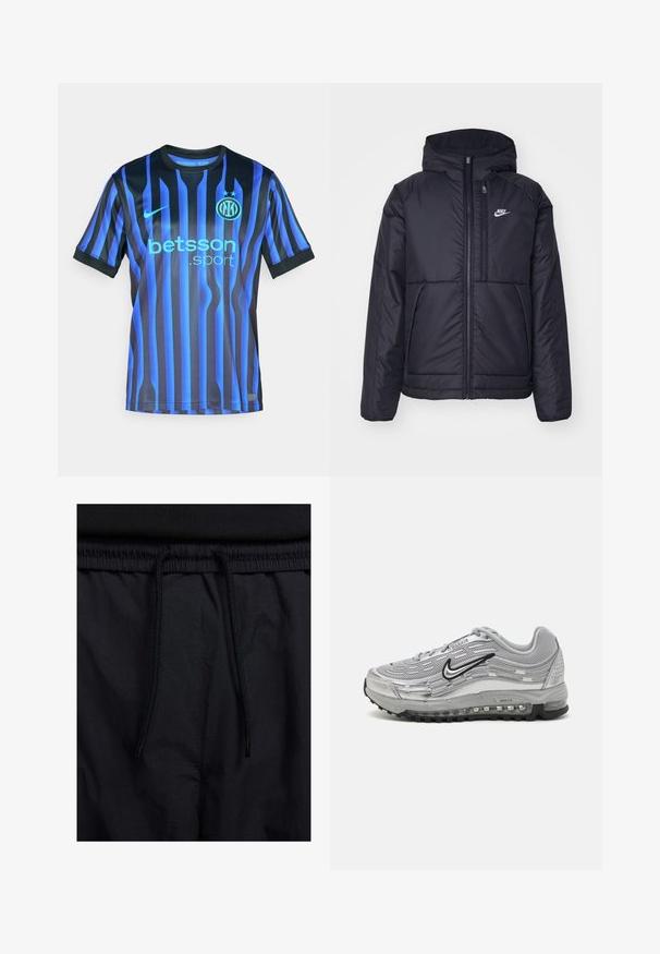 Černá zateplená bunda Nike s předním zipem a kapucí. Na levé straně hrudi má bílé logo a dvojité přední kapsy. Hladký povrch.; Modrý a černý pruhovaný fotbalový dres s krátkým rukávem. Obsahuje kulatý výstřih, logo Nike a text "betsson.sport" v světle modré barvě.; Černé šortky s páskem na šňůrku, lehký materiál s hladkou texturou a jednoduchý design bez viditelných log nebo vzorů.; Šedé tenisky Nike Air Max s vrchním dílem z prodyšné síťoviny a syntetického materiálu, vlnkovým designem, černými akcenty a viditelnou vzduchovou odpruženou jednotkou.