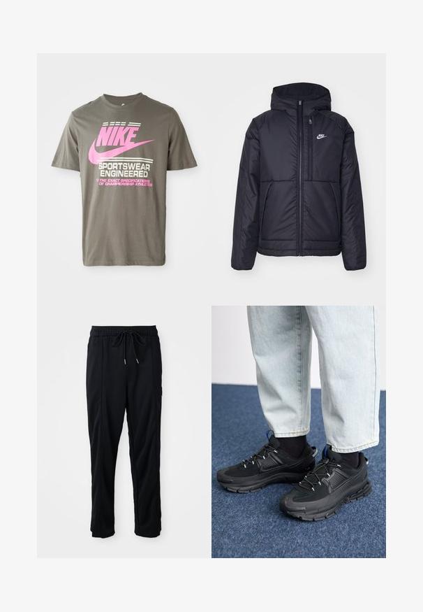 Giacca Nike nera, imbottita, con zip frontale e cappuccio. Presenta un logo bianco sul lato sinistro del petto e doppie tasche frontali. Texture esterna liscia.; T-shirt grigia in cotone con un evidente logo Nike rosa e testo bianco. Maniche corte e scollatura rotonda.; Pantaloni casual neri con elastico in vita, tasche laterali e taglio dritto su uno sfondo uniforme.; Scarpe sportive nere con tessuto testurizzato e suole in gomma, dotate di lacci elastici e un accento blu sul tallone. Indossate con pantaloni in denim chiaro.